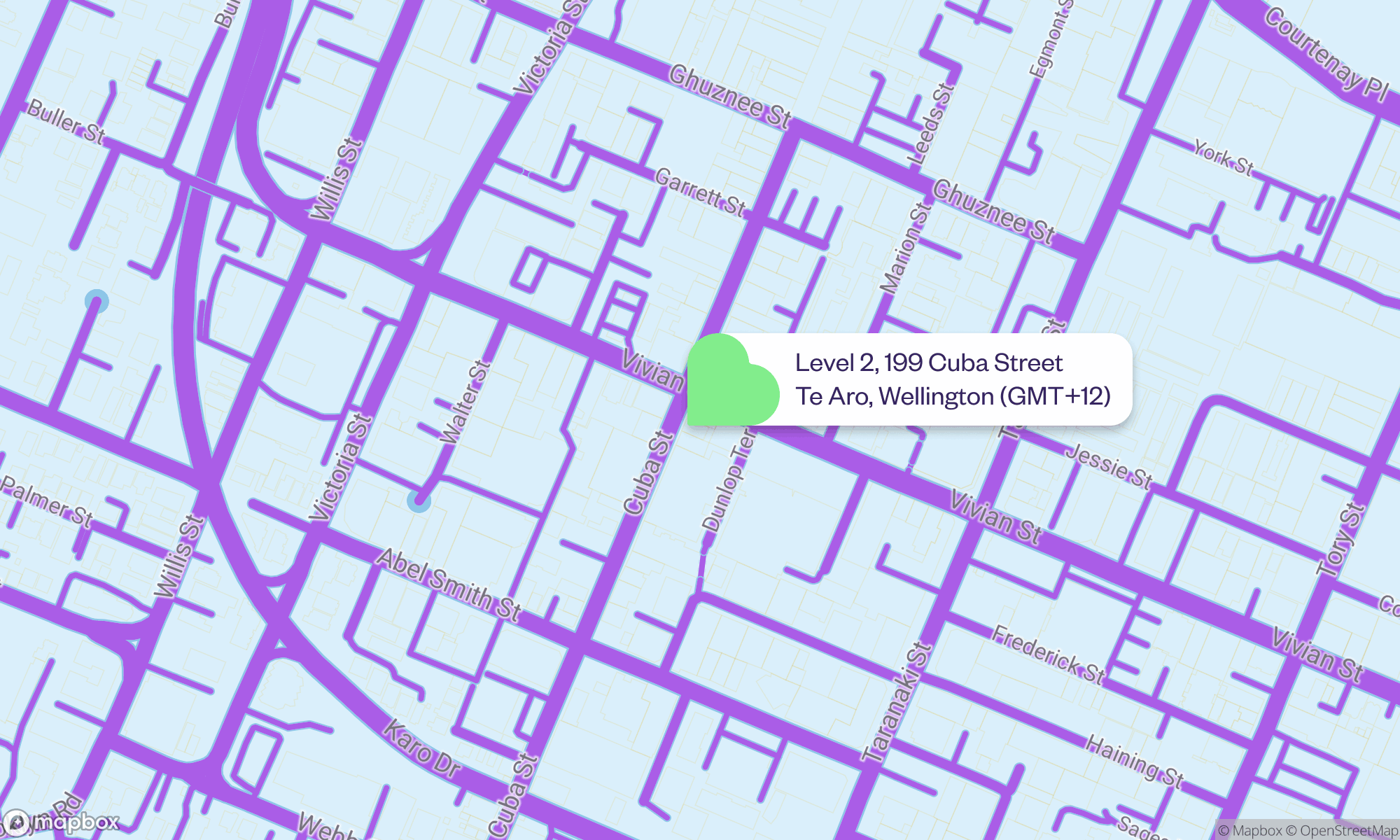 Static map of Bamboo Creative's location at Level 2, 199 Cuba Street, Wellington.